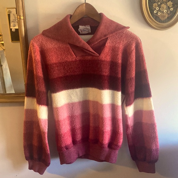 Vintage Sweaters - Vintage Maroon, Pink & White Striped Collared Sweater